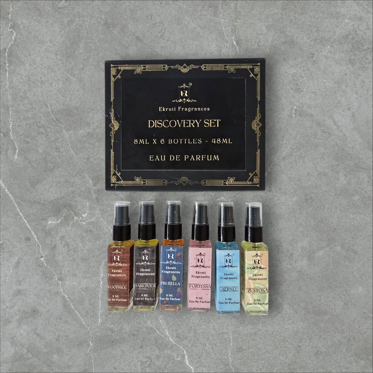 Discover all six 8ml scents — from bold to breezy