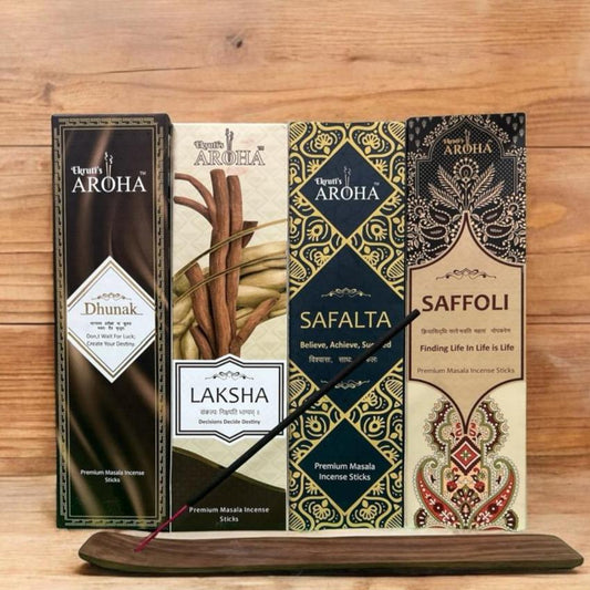 SAMAGRATA / समग्रता Combo Pack – (Dhunak, Laksha, Saffoli, Safalta + Free Wooden Stand) - 50g x 4