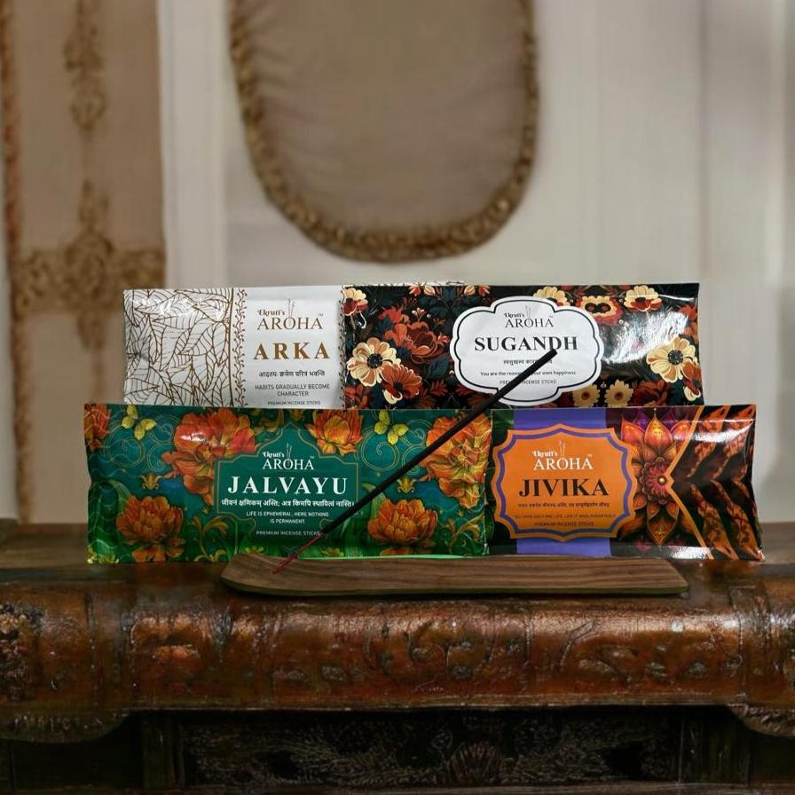 SUHAAS / सुहास Combo Pack – (Sugandh, Jalvayu, Jivika, Arka + Free Wooden Stand) - (100g x 4)