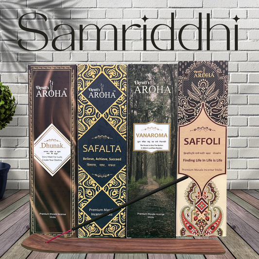 SAMRIDDHI / समृद्धि Combo Pack – (Vanaroma, Safalta, Dhunak, Saffoli + Free Wooden Stand) - 50g x 4